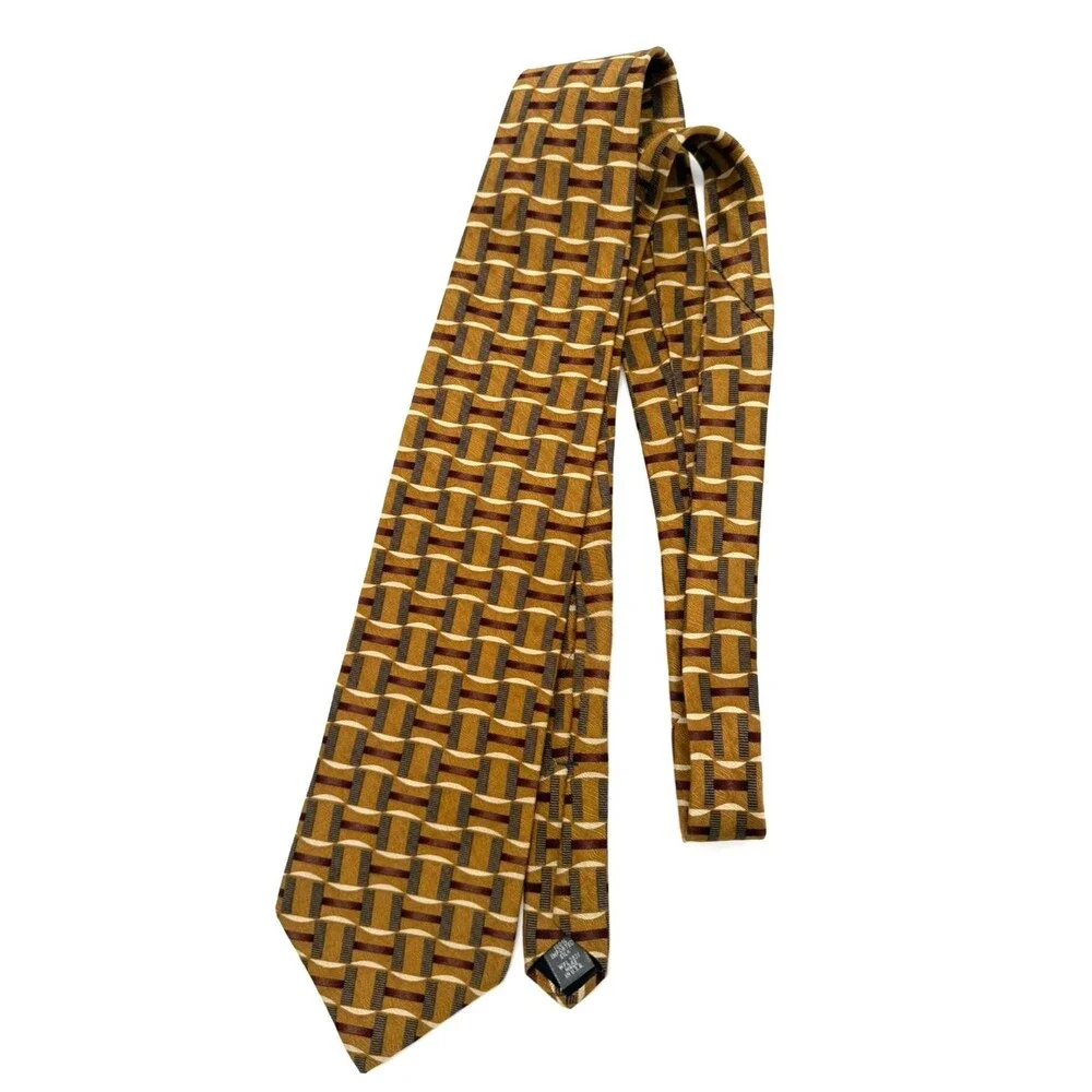 Louis Feraud Men's 100% Silk Tie Made in USA Gold Brown Geometric Abstract